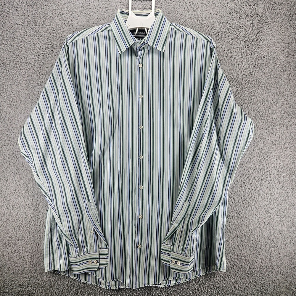 Murano Mens XLT Tall Button Down Shirt Blue Green Striped Cotton European Fabric